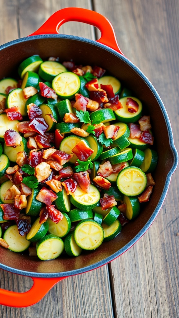 A skillet filled with sautéed zucchini and crispy bacon, garnished with parsley on a wooden table.